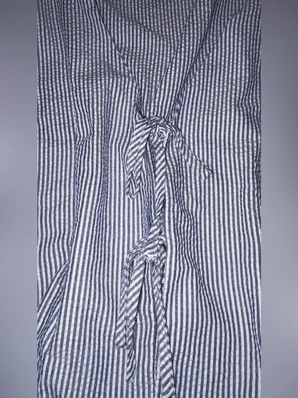 SHEIN Blue White Vertical Striped Front Tie Puff Sleeve Top Shorts Set M - Image 5