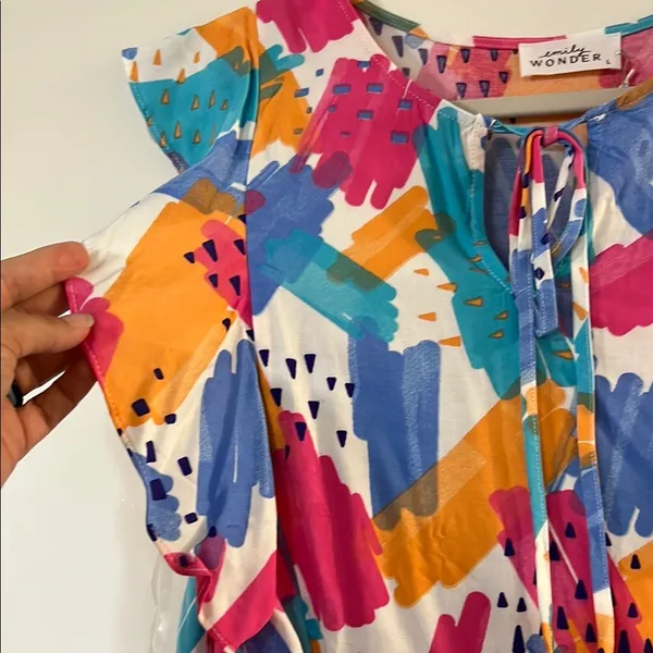 Ruffled Flutter Sleeve Blouse in Pink and Blue Size L - Image 3