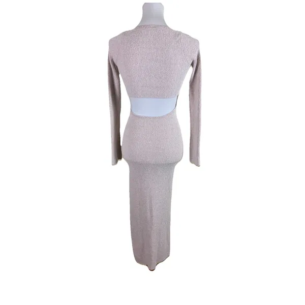 Oh Polly Beige Rib‎ Knit Square Neck Bodycon Maxi Dress L - Image 3