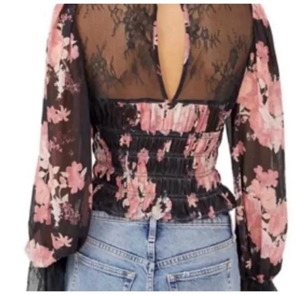 Free People Daphne Floral Lace Black Pink Romantic Boho Blouse NWT Size S - Image 5
