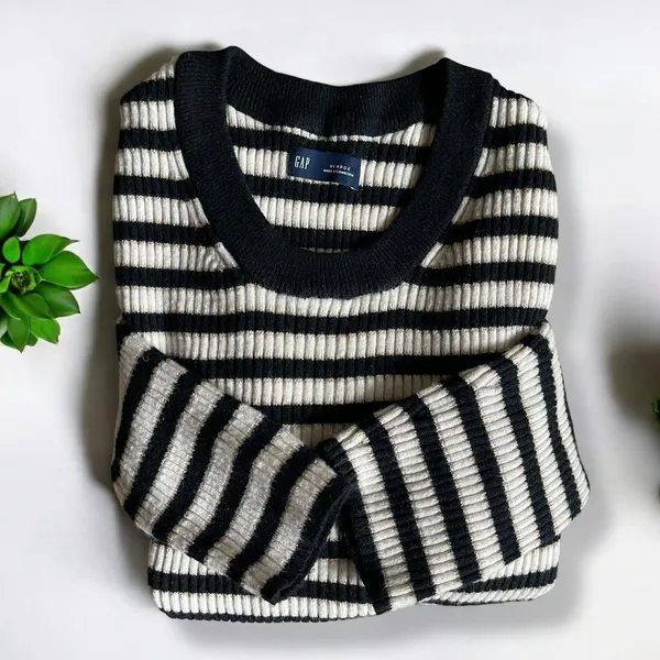 GAP Brooklyn Rib Knit Striped Crew Sweater - Black/Ivory/Gold - Image 10