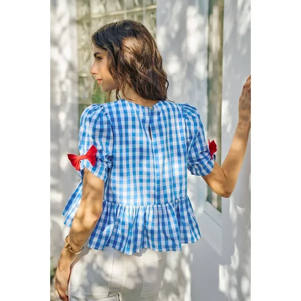 SO ME 4th Of July Gingham Ribbon Detail Short‎ Sleeves Blouse - Medium - Image 3