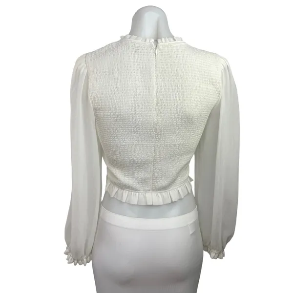 Aritzia Wilfred Women's White Puff Sleeve Smocked Ruffle Peplum Sweater Top Sz S - Image 2