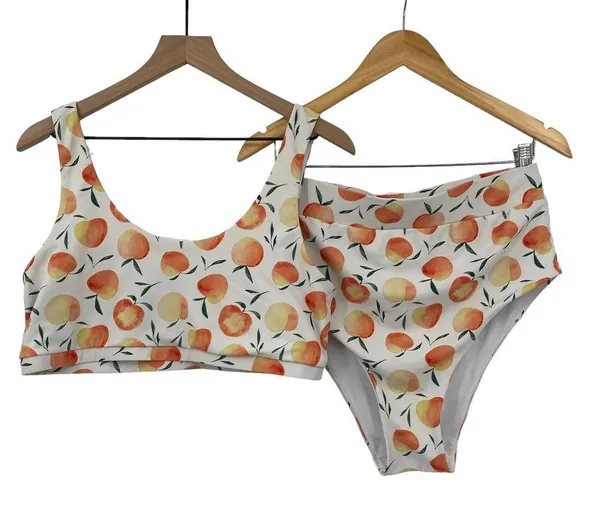 Current Tyed 2 Piece Swimsuit Bikini High Waisted Peaches Print White Womens XL - Image 2