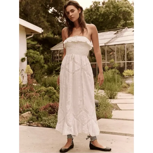 Free People Ethereal Cottage Prairie White Lace Hi Hello Midi Dress Medium - Image 4