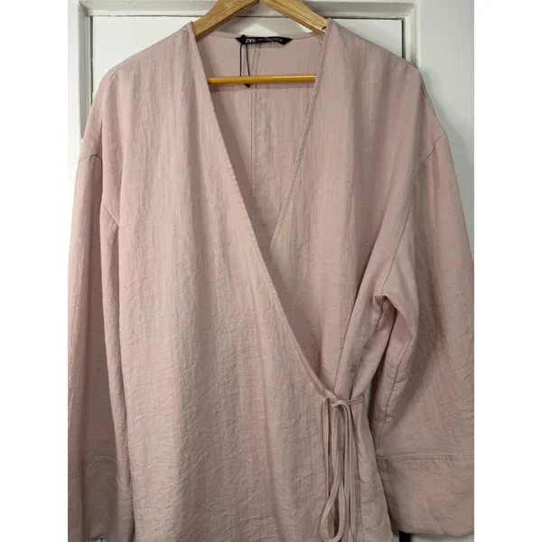 Zara Women Blush Pink Linen Blend Wrap Top Long Sleeve Kimono Style NWOT Medium - Image 10