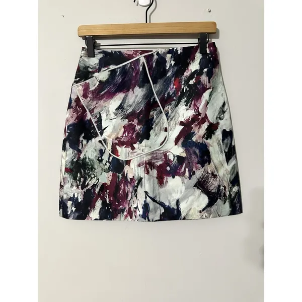 CARVEN Skirt 36 US 4 Abstract Brushstroke Art Print Mini Silk Blend Pocket‎ Wrap - Image 4