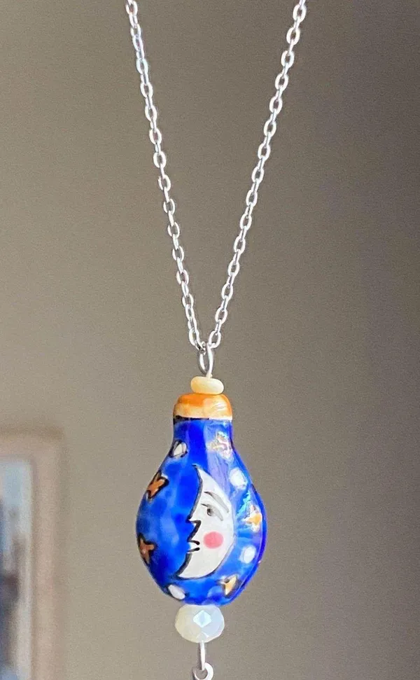 Handmade ceramic moon & star whimsical fairy boho funky vintage style necklace🌟🌛🧡 - Image 4