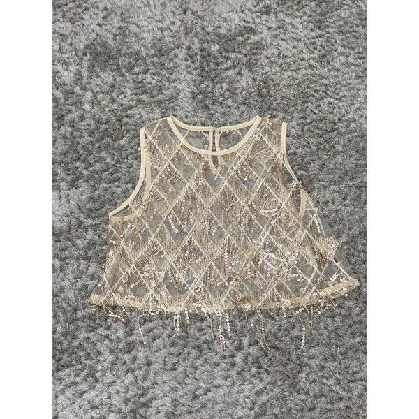 Women’s Sequin Fringe Crop Top Sheer Mesh Party Festival Shirt Approx Size S - Image 5