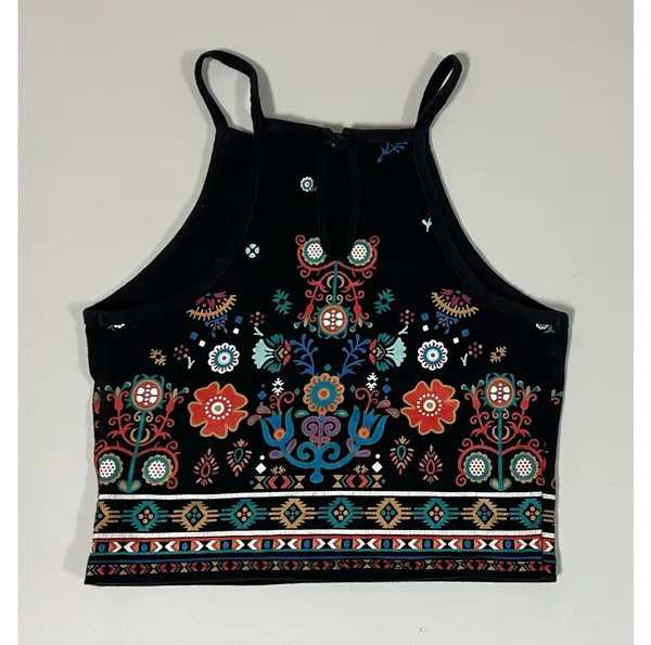 Kendall & Kylie Black Boho Bohemian Floral Print Square-Neck Halter Crop Top Shirt Blouse Tee Size XS 🌻✨ - Image 2