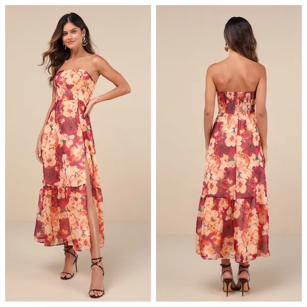 Lulus Bright Perspective Plum and Orange Floral Strapless Midi Dress - Image 2