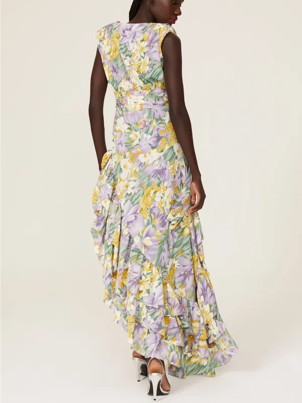 Bronx and Banco Lavender, Yellow & Green Floral High-Low Maxi Dress - Image 3
