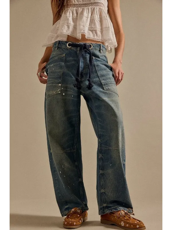 NWT We The Free People Moxie in Timeless Blue Distressed Barrel Jeans 25 - Image 11
