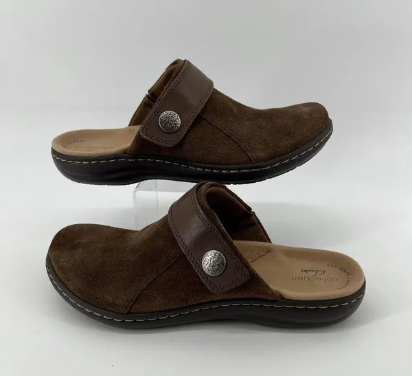 Clarks Women 7 Laurieann Strap Clog Taupe Brown Suede Slip On Casual Lightweight - Image 7