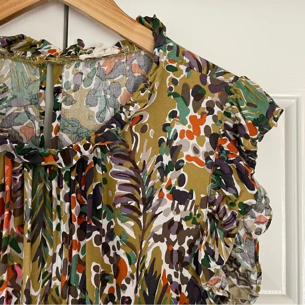 Jodifl Floral Mini Dress Sz 1X Ruffle Tiered Belted Waist Earthy Boho - Image 6
