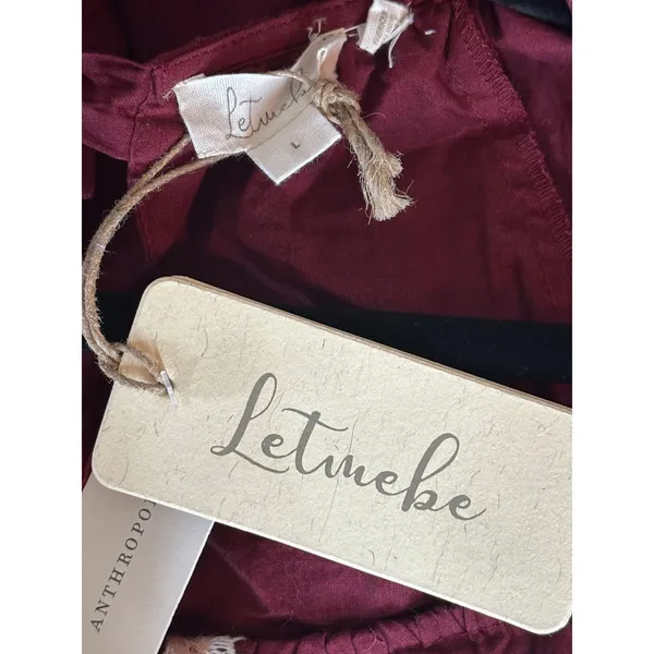 Letube Anthropologie Burgundy Embroidered Boho Mini Dress Long Sleeve Large NEW - Image 6