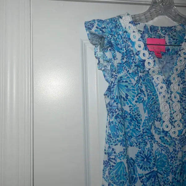 Lilly Pulitzer Womens XS Blue White Shell Print Lace Trim Dress preppy nautical - Image 3