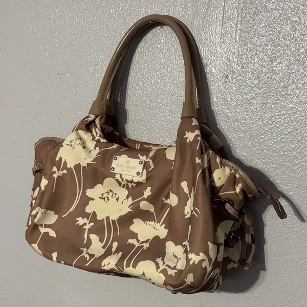 Chic Kate Spade Neutral Floral Nylon Leather Hobo Bag Shoulder Purse Trendy - Image 6