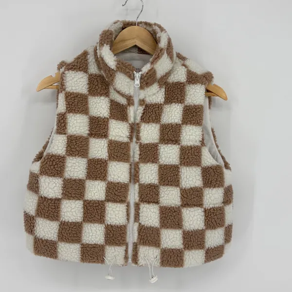 Wild Rose Checkered Sherpa Vest Womens Small Brown Cream Fleece Full Zip Padded - Image 3