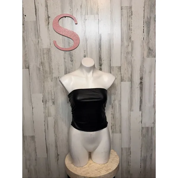 Black Faux Leather Tube Top Small | Strapless Shiny Clubwear Tank - Image 2