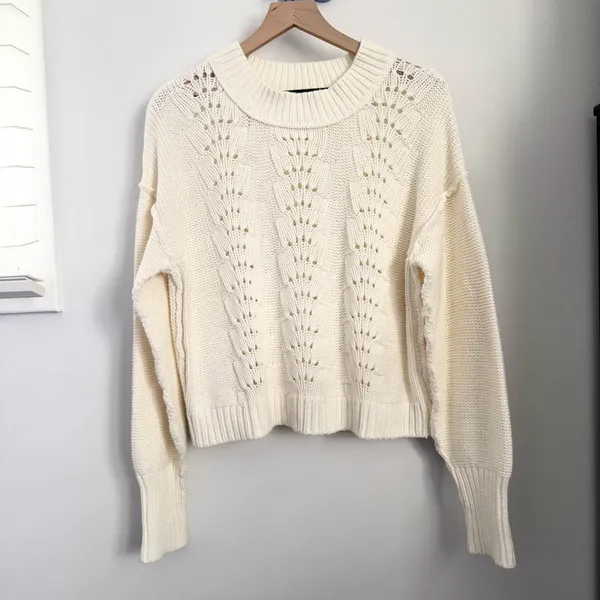 Free People XL Bell Song Sweater Ivory Boxy Fit Relaxed Rib Thick Crew Neck - Image 2