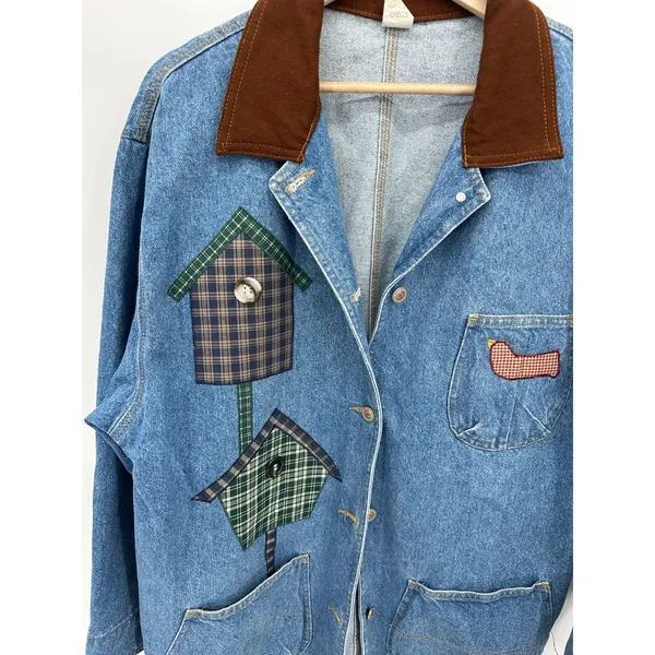 Vtg Birdhouse Chore Barn Coat Sz L Button Front Denim Country Pockets Workwear‎ - Image 4