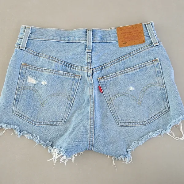 Levi's 501 Light Blue Distressed Jean Shorts Size W24 - Image 2