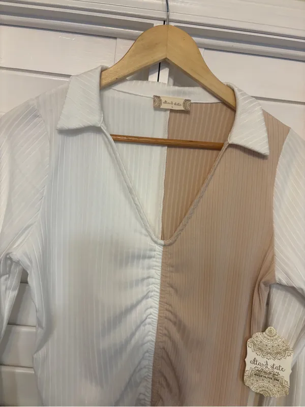 Altard State Tan And White Ribbed Long sleeve Top Size Large - Image 3