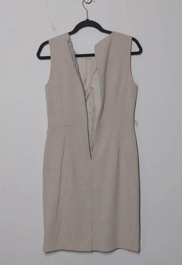 Calvin Klein Sheath Dress Beige Tan Stretch Jewel Neck Sleeveless Ruffle 6 - Image 6