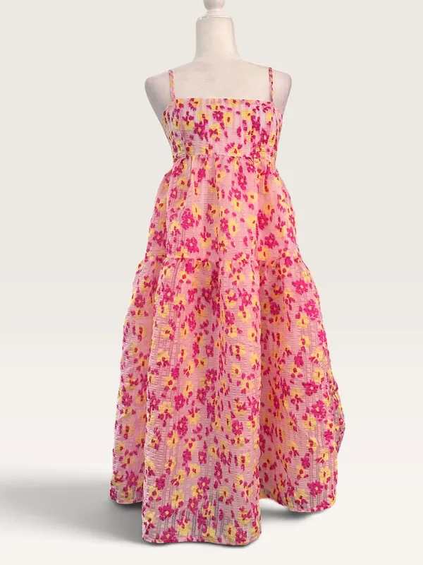 Collective The Label Pink Floral Midi Dress with Smocked Bodice - Image 3