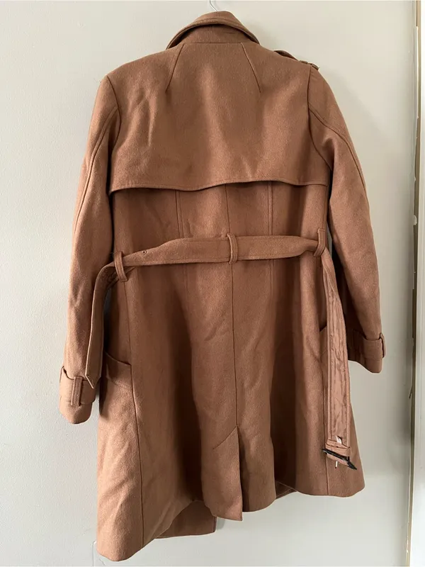 H&M Double Breasted Tan Camel Wool Belted Trench Coat 10 Quiet Luxury Preppy - Image 9