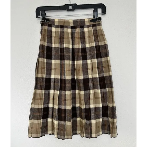 Vintage Pure New Wool Plaid Wrap Kilt Skirt Women’s XS Small Beige Brown Tartan - Image 4