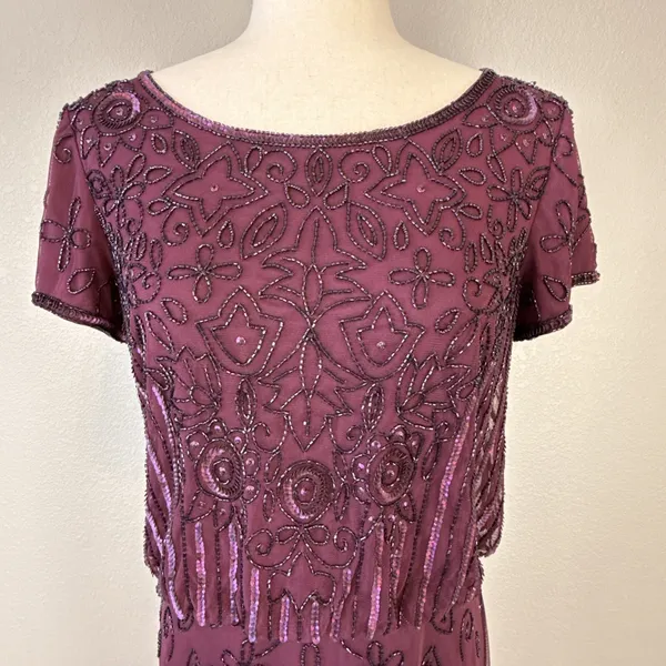 Adrianna‎ Papell Cassis Sequin Beaded Maxi Gown Dress Size 10 Plum Purple Gatsby - Image 3