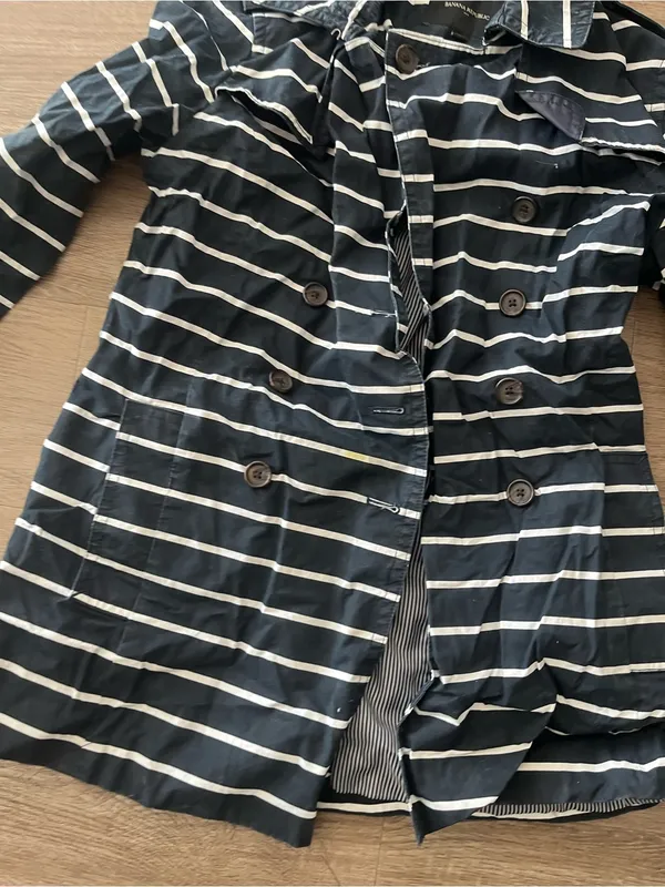 Banana Republic Double Breasted Cotton Trench Coat Womens MP Navy White Striped - Image 8