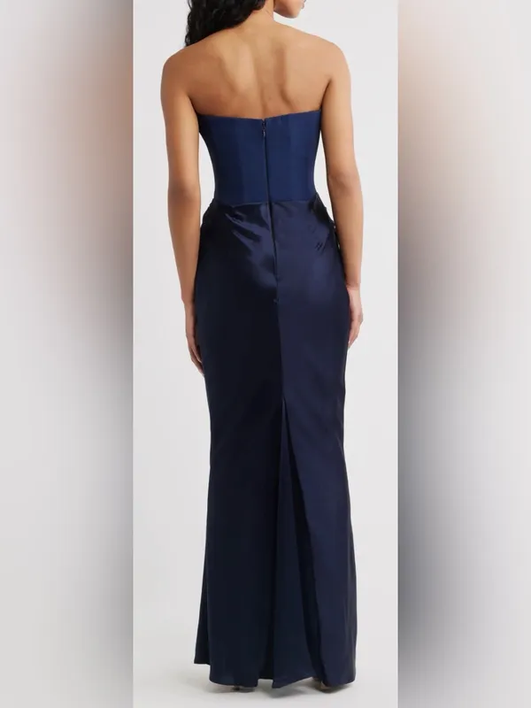 NEW HOUSE OF CB Persephone Strapless Corset Satin & Stretch Crepe navy Gown Sz M - Image 3