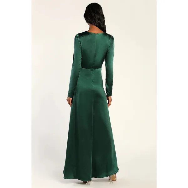 Lulus Endearing Elegance Emerald Green Satin Long Sleeve Dress Wedding Large - Image 4