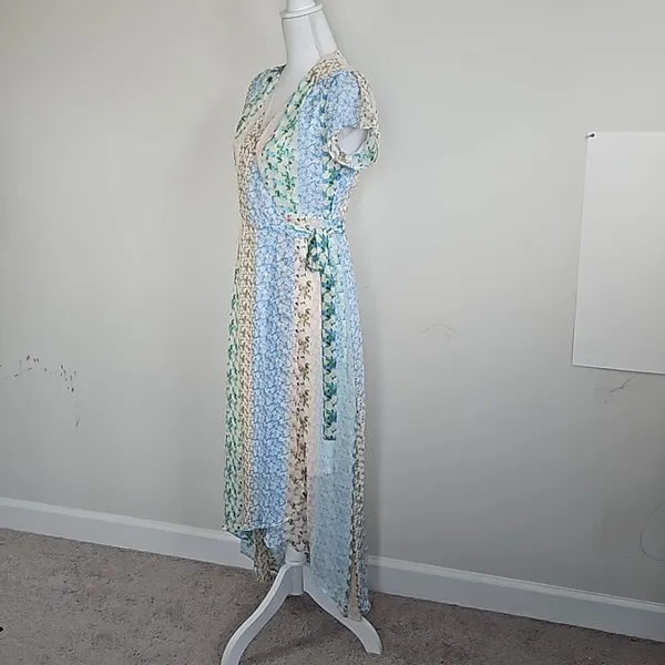 Blue Rain Pastel Floral Patchwork Wrap Maxi Dress - Size M - Image 6