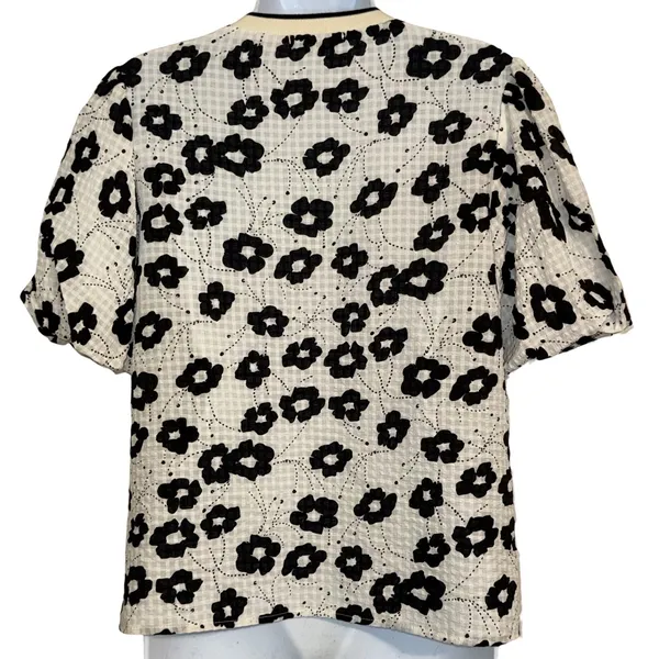 ANTHROPOLOGIE THML White & Cream With Black Floral Puff Sleeve Textured Top‎ S - Image 6