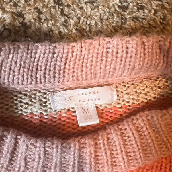 LC Lauren Conrad XL Striped Knit Sweater Womens Pink‎ Orange Balloon Sleeve - Image 2