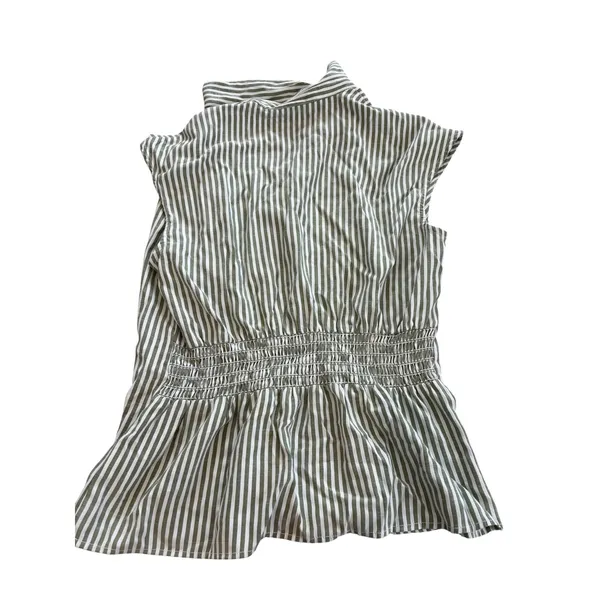 Max Studio London Sleeveless Blouse L Green Stripe Smocked Back Peplum Top - Image 2