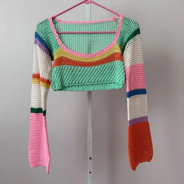 Multicolor sz S‎ Crochet Crop Top Sheer Striped Boho Festival Coastal - Image 2