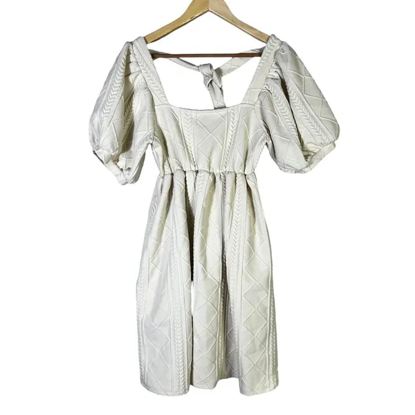 Listicle Cable Knit Diamond Puff Sleeve Babydoll Dress Cream Romantic Size S - Image 2