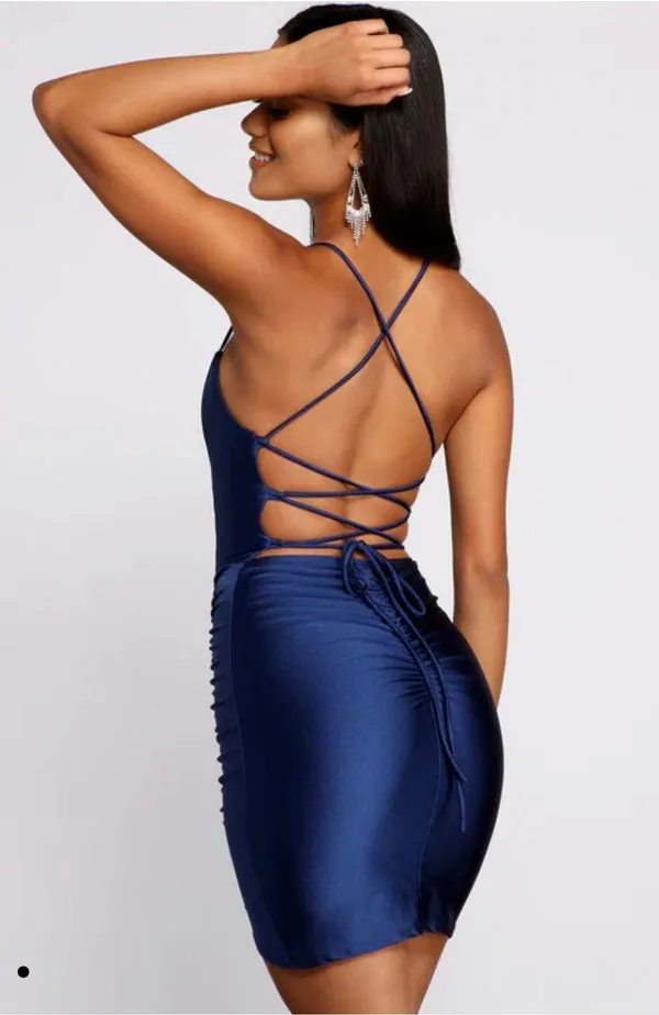 Windsor Elevated Glam Ruched Lace-Up Mini Dress - Image 2