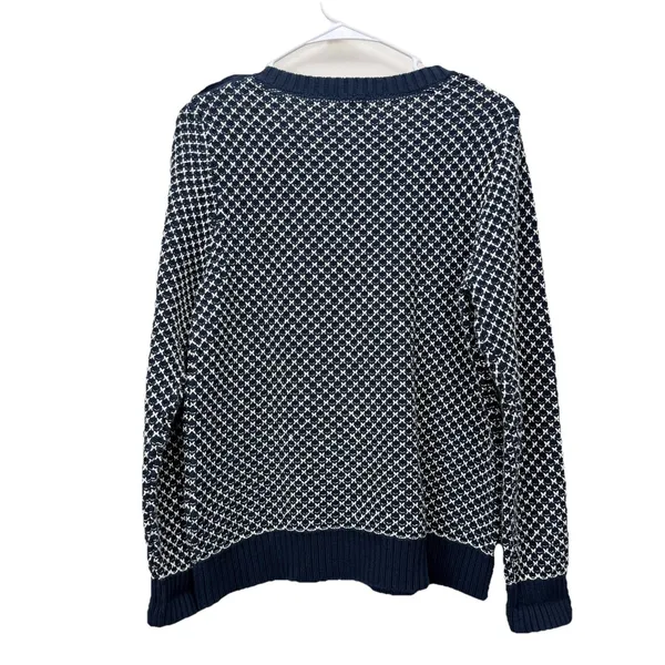 LL Bean Navy Blue White Crew Neck Pullover Cotton Button‎ Detail Sweater MEDIUM - Image 6