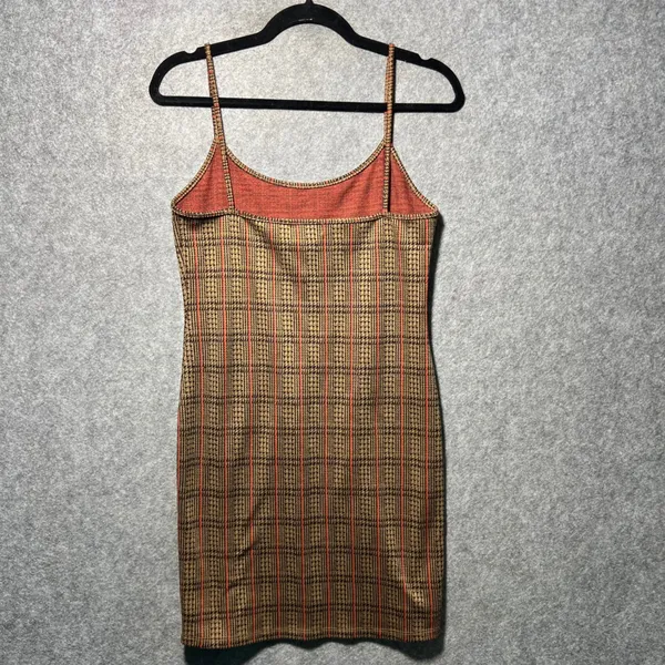 Liz & Sara Brown Orange Plaid Bodycon Mini Dress Spaghetti Strap‎ Womens Large - Image 6
