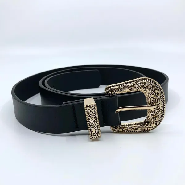 Y2K Coastal Cowgirl Black Gold Ornate Buckle Belt, 36–43.5 Inches, X7GA1136 - Image 3