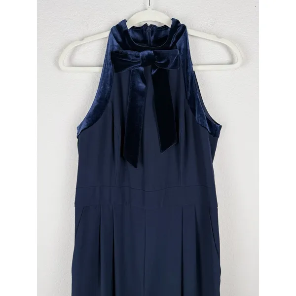 1901 Women's Velvet Trim Halter Jumpsuit with Bow Dark Blue‎ Size 8 Ultrachic - Image 5