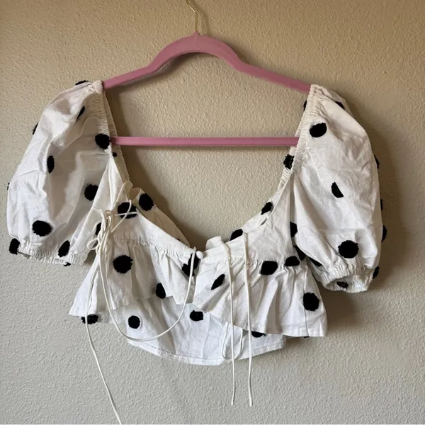 For Love & Lemons White Black Polka Dot Crop Blouse Womens S Puff Sleeve Top - Image 5