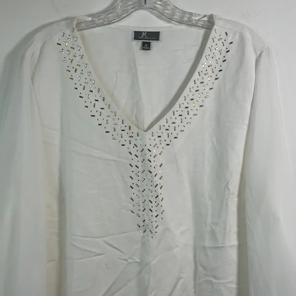 JM Collection White Linen Blend Embellished‎ V-Neck Tunic Top XL FLAW - Image 11
