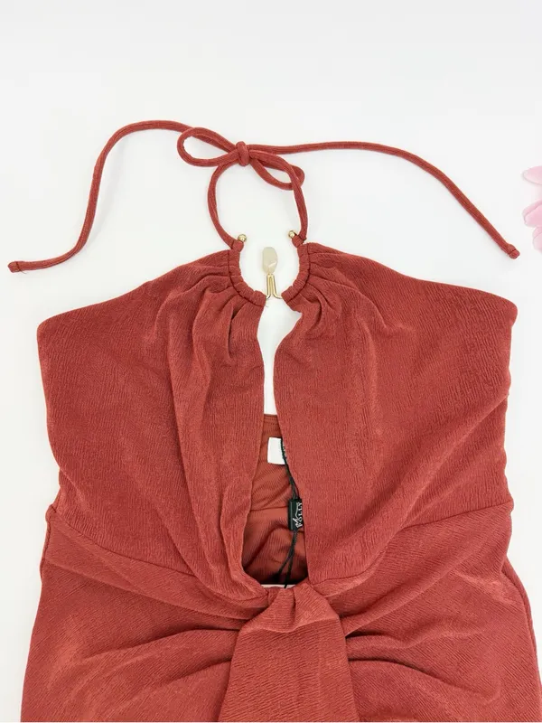 Oh Polly Margot Hardware Detail Cut-Out Halterneck Maxi Dress Auburn Brown - Image 7